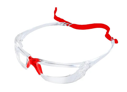 A pair of protective sports eyewear with a clear lens design and black 