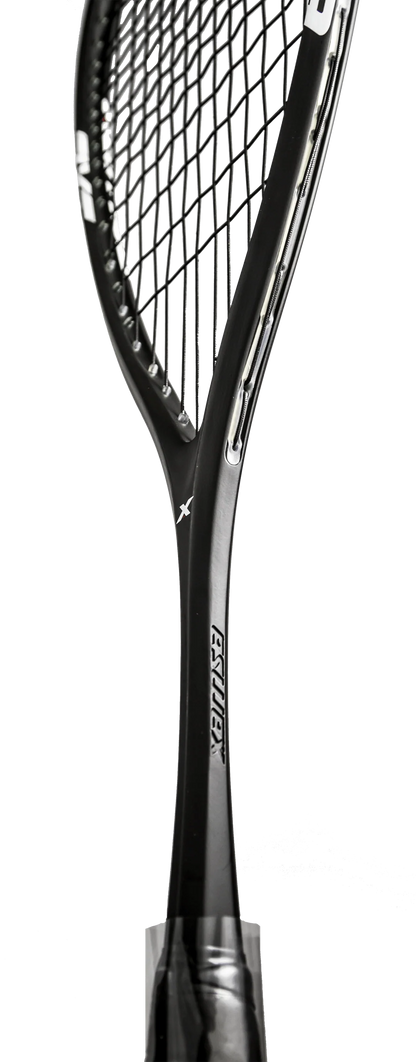 Black squash racket with brand name on a white background