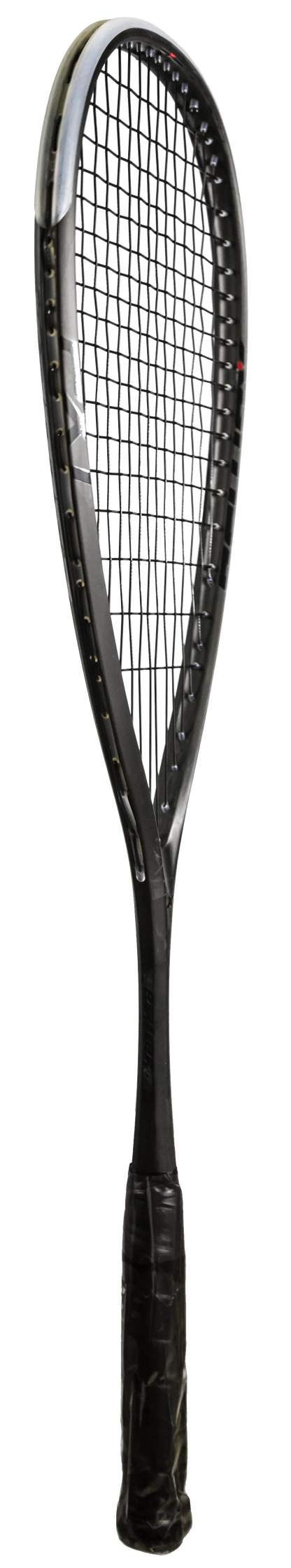 Black squash racket on a white background