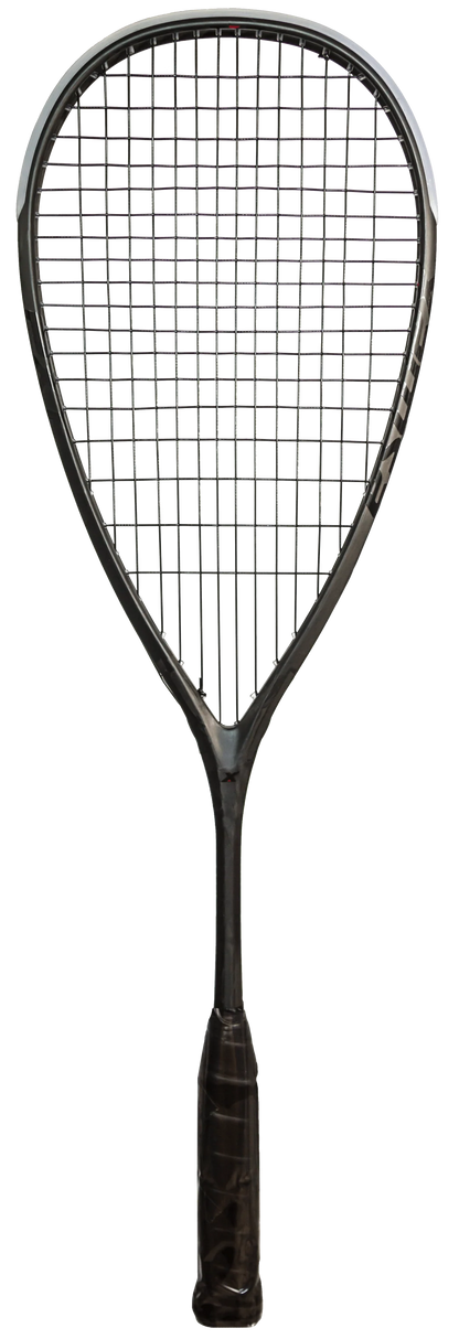 Black squash racket on a white background