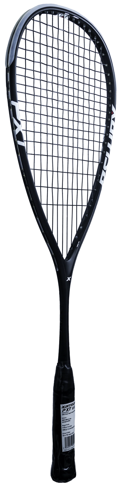 Black squash racket with brand logo on a white background
