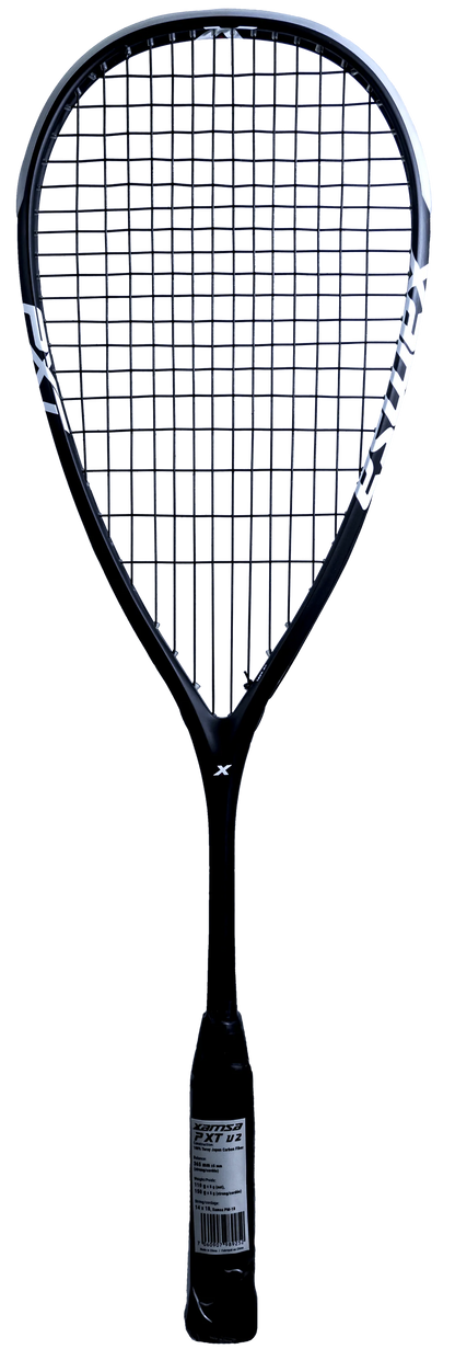 Black squash racket on a white background