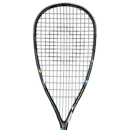 Squash racket with a black frame and white strings on a white background