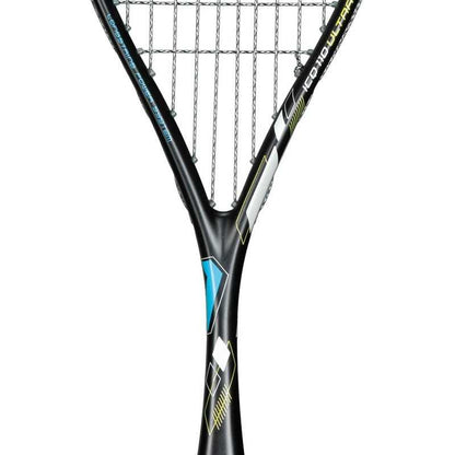 Close-up of a squash racket with brand logo on a white background